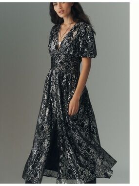 NWT Anthropologie The Katerina Metallic Lace Button-Front Dress, XS